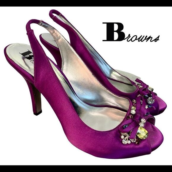 browns purple satin gem jewelled Rhinestone Embellished sling back high heels 7 - Picture 1 of 9